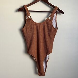 Cupshe Textured Crinkle Brown Swimsuit with Tortoise Shell Ring Accents